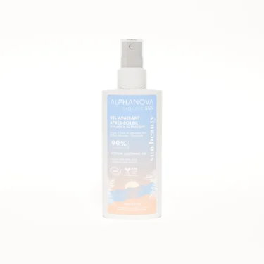 Gel apaisant après-soleil bio Alphanova à l’aloe vera, soin hydratant et réparateur sur fond blanc.