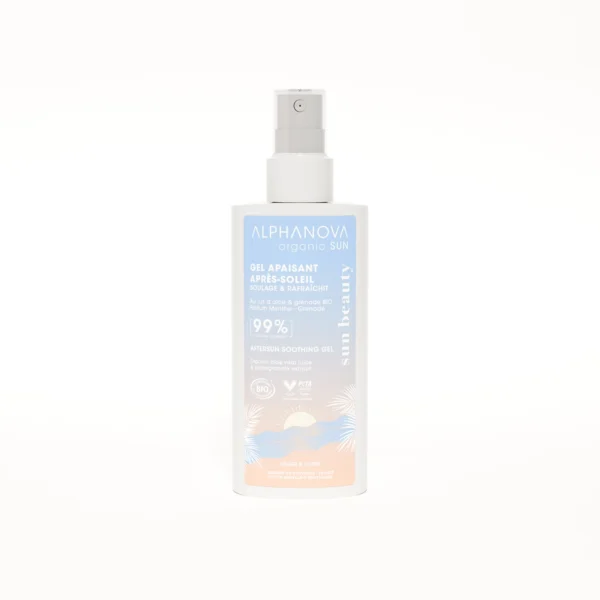 Gel apaisant après-soleil bio Alphanova à l’aloe vera, soin hydratant et réparateur sur fond blanc.