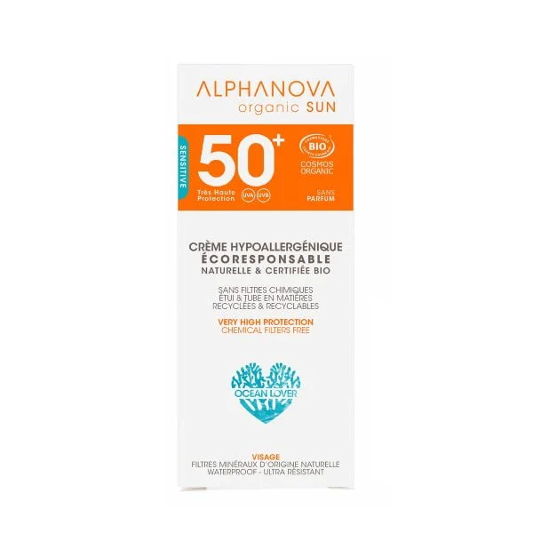 Crème solaire teintée claire SPF 50+ hypoallergénique bio vegan