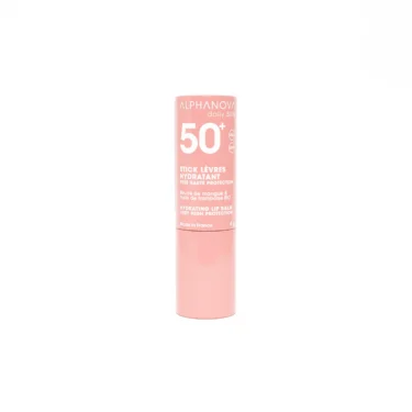 Stick lèvre solaire SPF50+ sur fond blanc, protection intense contre les UV pour des lèvres hydratées et protégées.