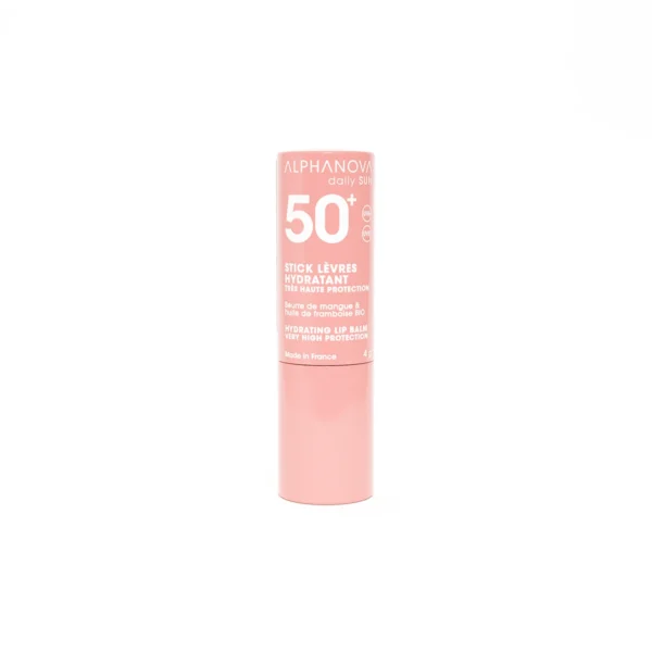 Stick lèvre solaire SPF50+ sur fond blanc, protection intense contre les UV pour des lèvres hydratées et protégées.