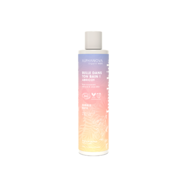 Flacon de bain moussant bio Jungle Kids “Bulle dans ton bain”, parfum abricot, sur fond blanc.