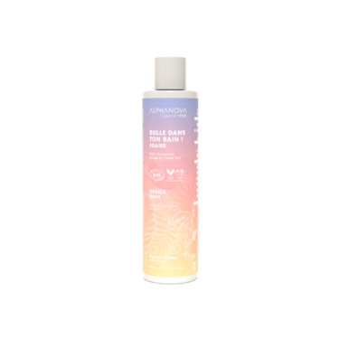 Flacon de bain moussant bio Jungle Kids “Bulle dans ton bain”, parfum fraise, sur fond blanc.