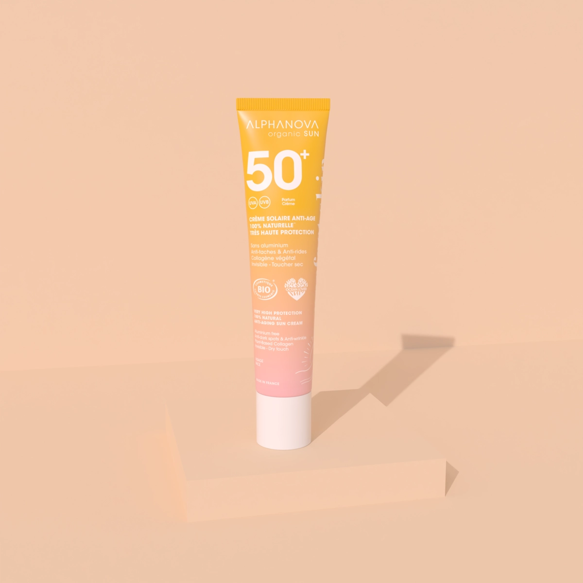 Tube crème solaire anti âge SPF 50+ Alphanova Organic Sun
