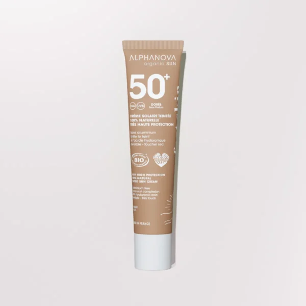 Crème solaire teintée dorée SPF50+ 100% naturelle** – Invisible & toucher sec