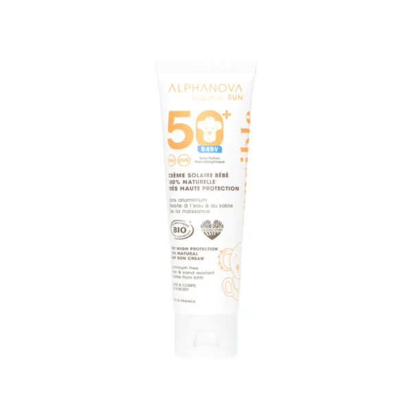 Crème solaire bébé bio très haute protection SPF 50+. Crème solaire bio pour bébés et nourrissons.