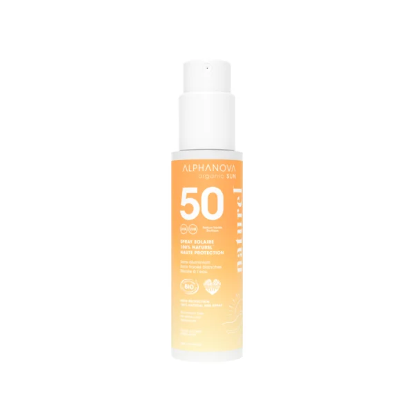 Spray solaire minéral SPF 50 bio transparent visage et corps