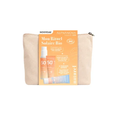 Trousse Mon Rituel Solaire Bio Alphanova comprenant un spray solaire SPF 50, une crème solaire SPF 50 et un lait hydratant après-soleil offert.