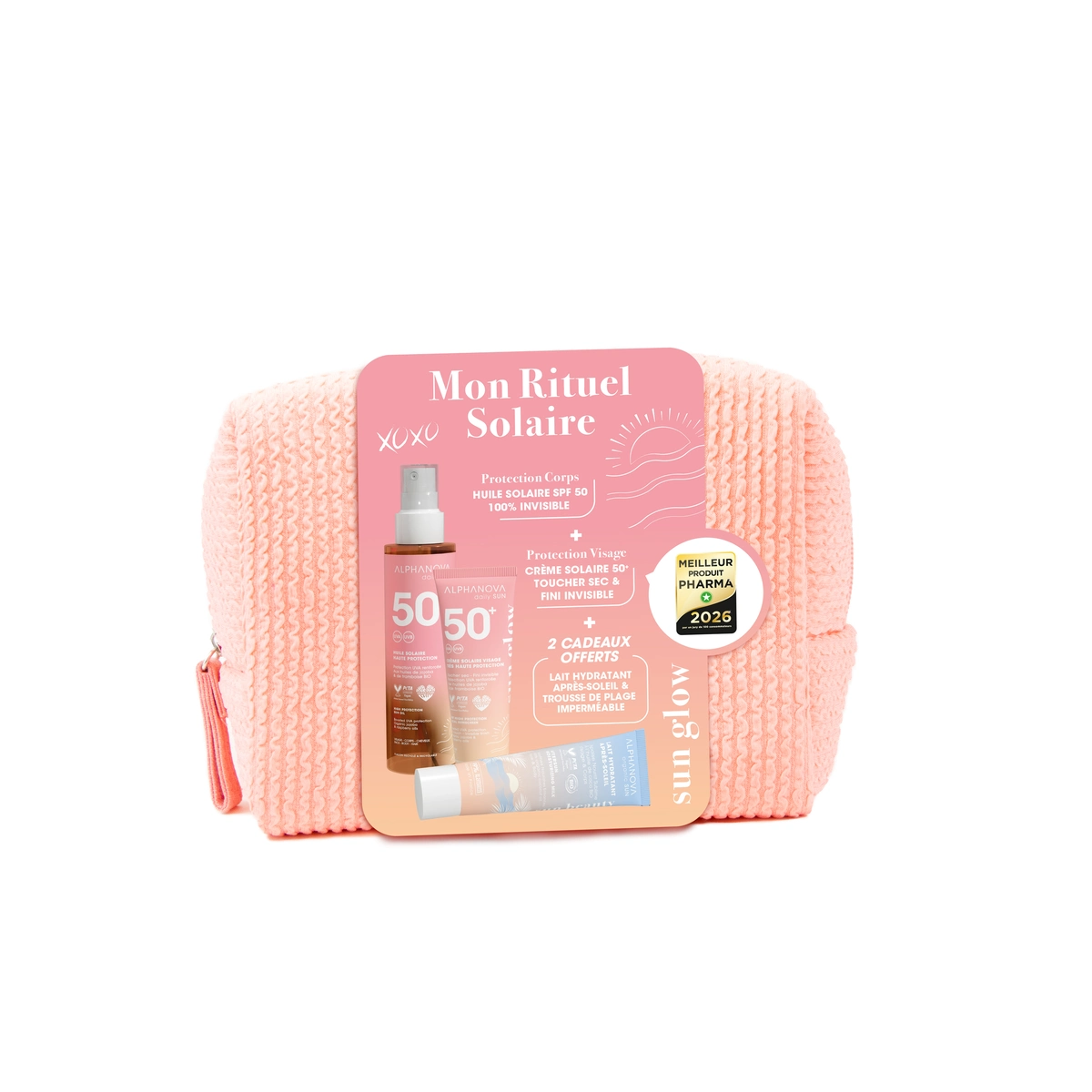 trousse-solaire-huile-2026-vf Trousse Mon Rituel Solaire Alphanova contenant une huile solaire bio SPF50, une crème solaire visage et un soin après-soleil offert.